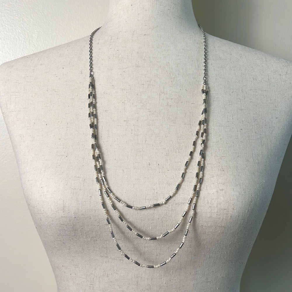 Cream & silver bead necklace adjustable length